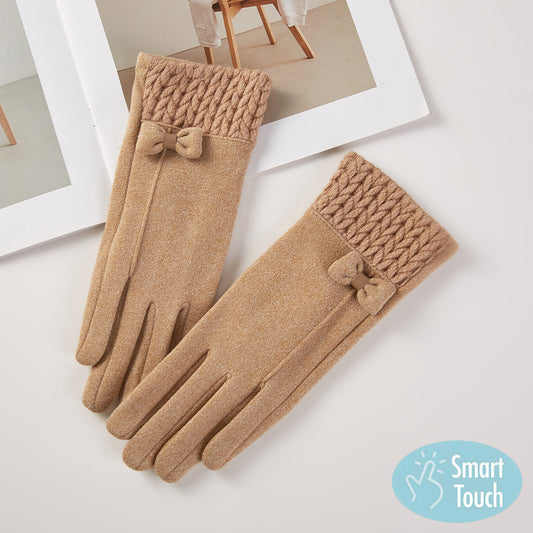 Bow Accent Knit Cuff Smart Touch Gloves