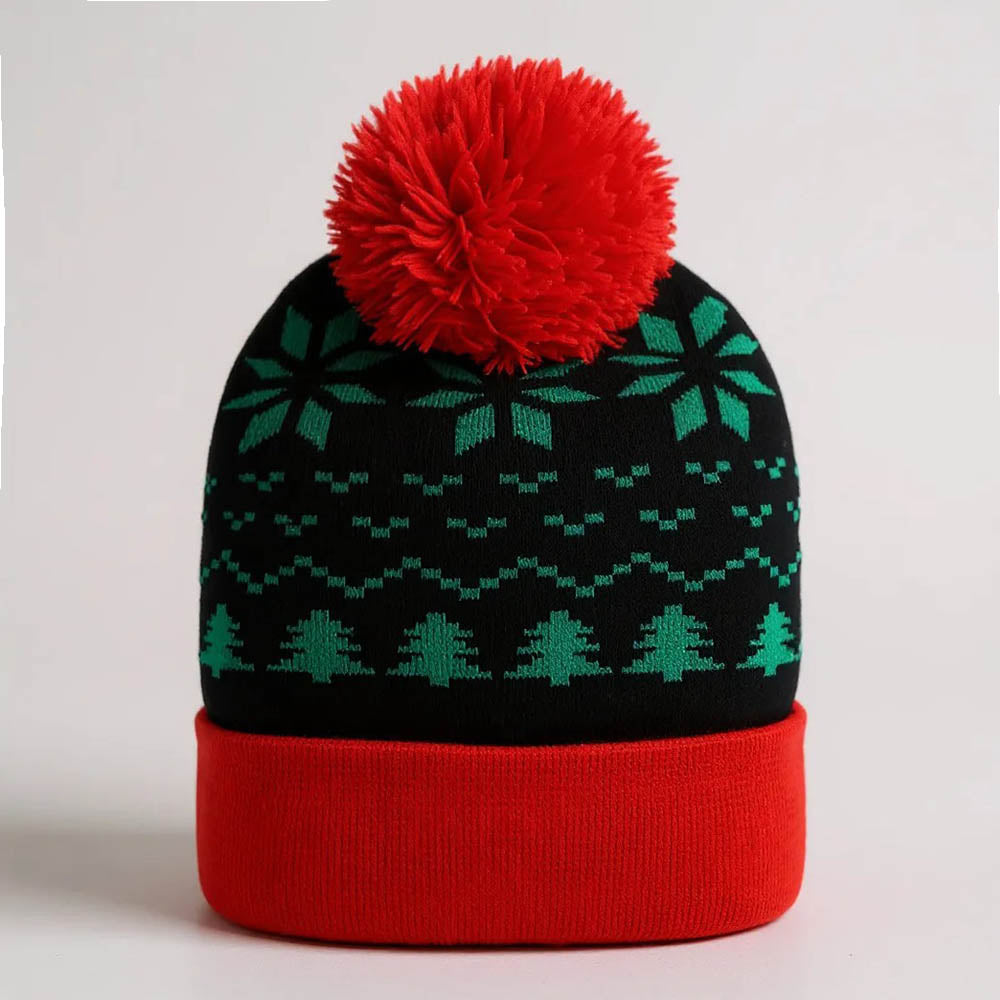 Snowflake Christmas Tree Pattern Pom Pom Winter Beanie Hat