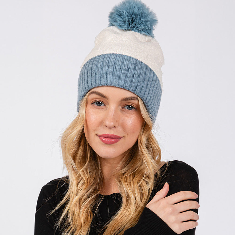 Two Tone Fleeced Pom Pom Beanie Hat