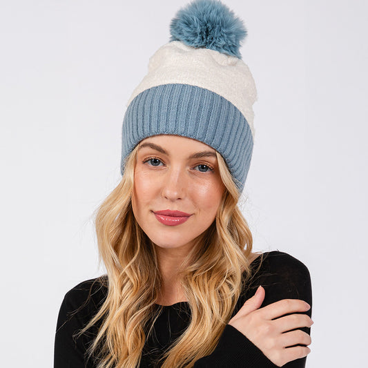 Two Tone Fleeced Pom Pom Beanie Hat