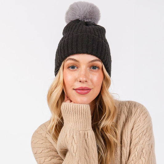 Solid Color Pom Pom Two Tone Beanie Hat Black