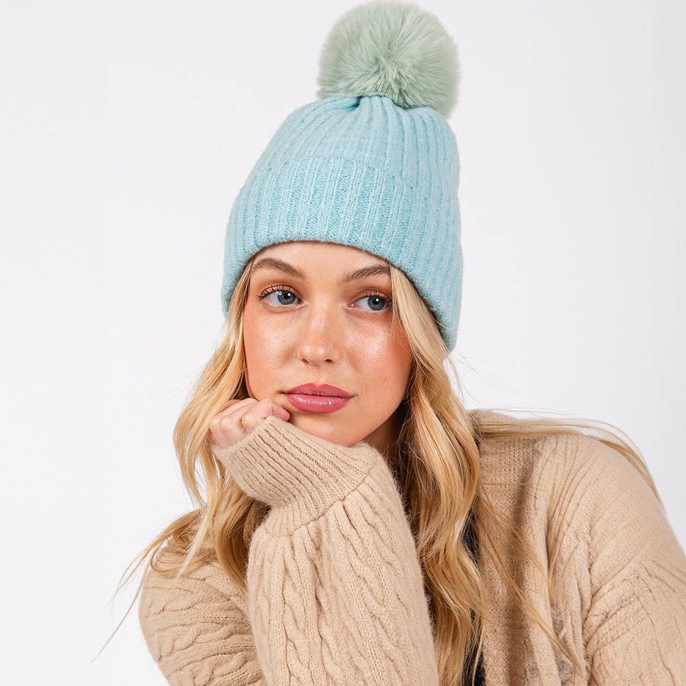 Solid Color Pom Pom Two Tone Beanie Hat Blue