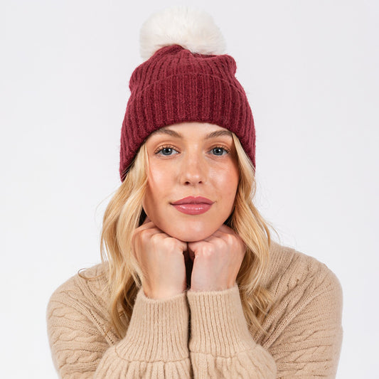 Solid Color Pom Pom Two Tone Beanie Hat Red and White
