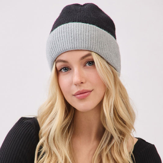 Two Tone Soft Fuzzy Knit Winter Beanie Hat