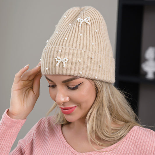 Bow Pearl Embellished Knitted Winter Beanie Hat