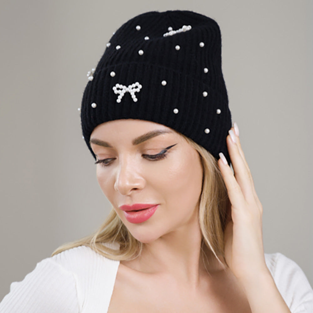 Bow Pearl Embellished Knitted Winter Beanie Hat