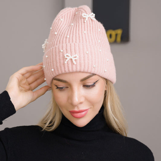 Bow Pearl Embellished Knitted Winter Beanie Hat