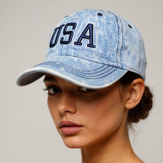 USA Embroidered Baseball Cap in Denim & Light