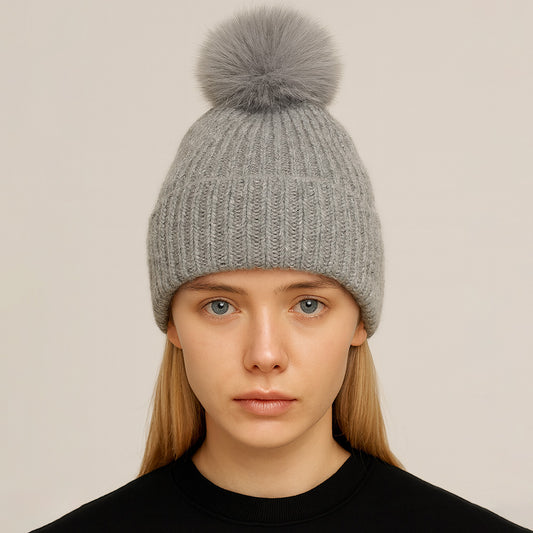 Solid Knit Pom Pom Winter Beanie Hat Grey