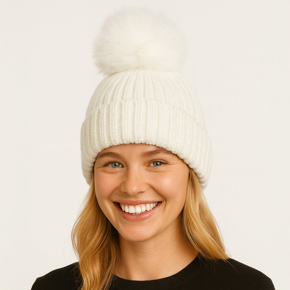 Solid Knit Pom Pom Winter Beanie Hat White