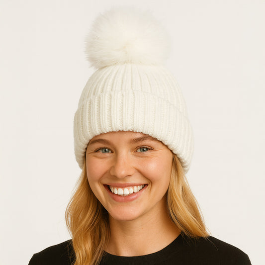 Solid Knit Pom Pom Winter Beanie Hat White