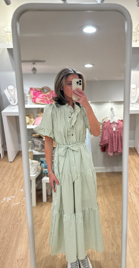 Tilly Striped Short Sleeve Dress in Sage