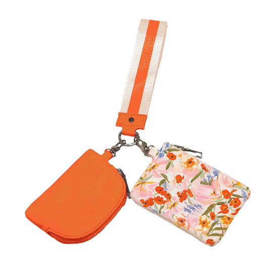 Summer Spritz Dual Pouch Wristlet: Watercolor Mango Orange Floral