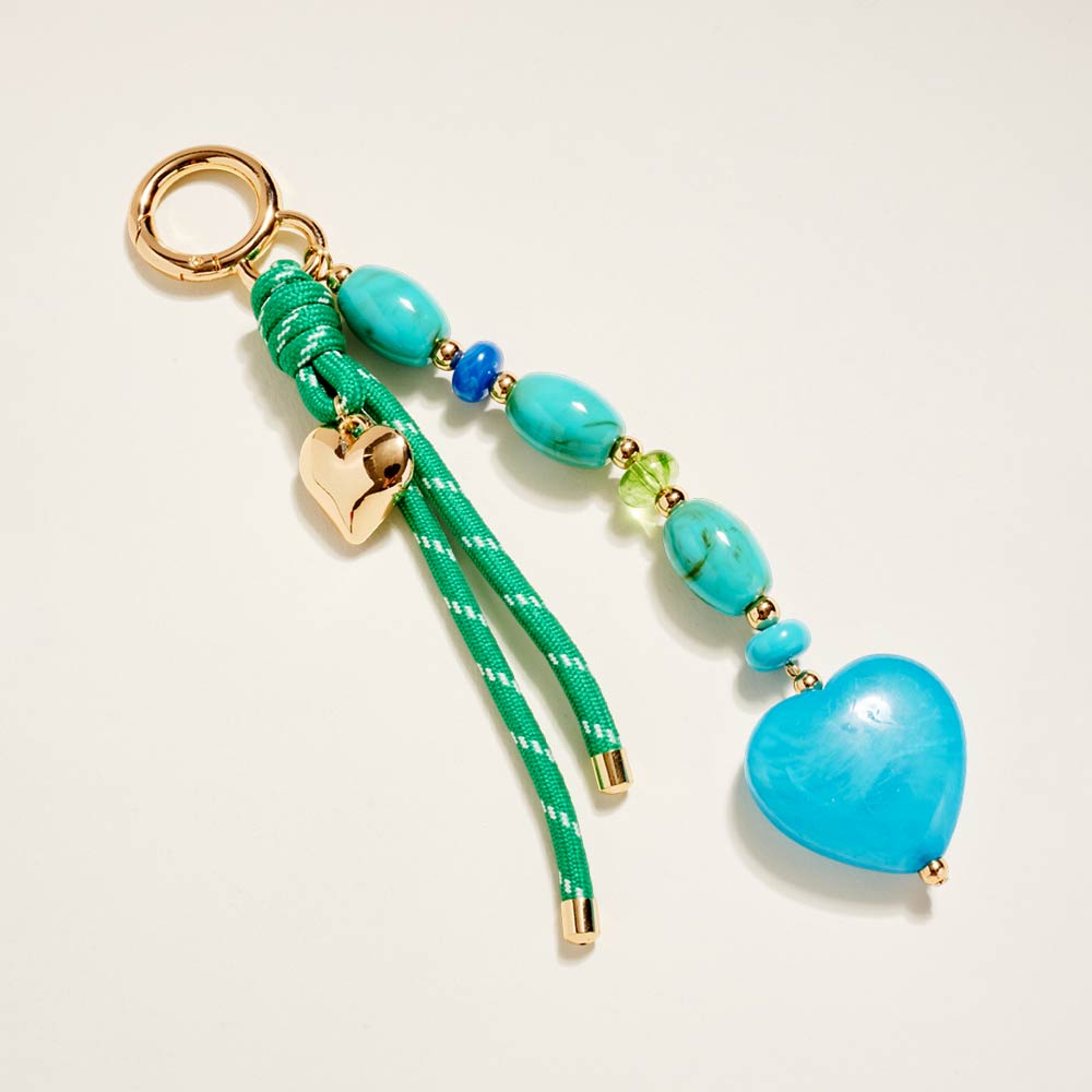 Beaded Heart Knot Rope Drop Bag Charm Keychain in Turquoise