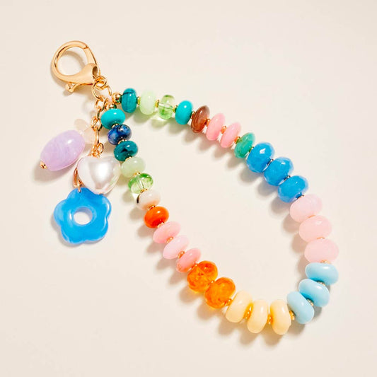 Flower Pearl Charm Accent Multicolor Beaded Wristlet Bag Charm Keychain