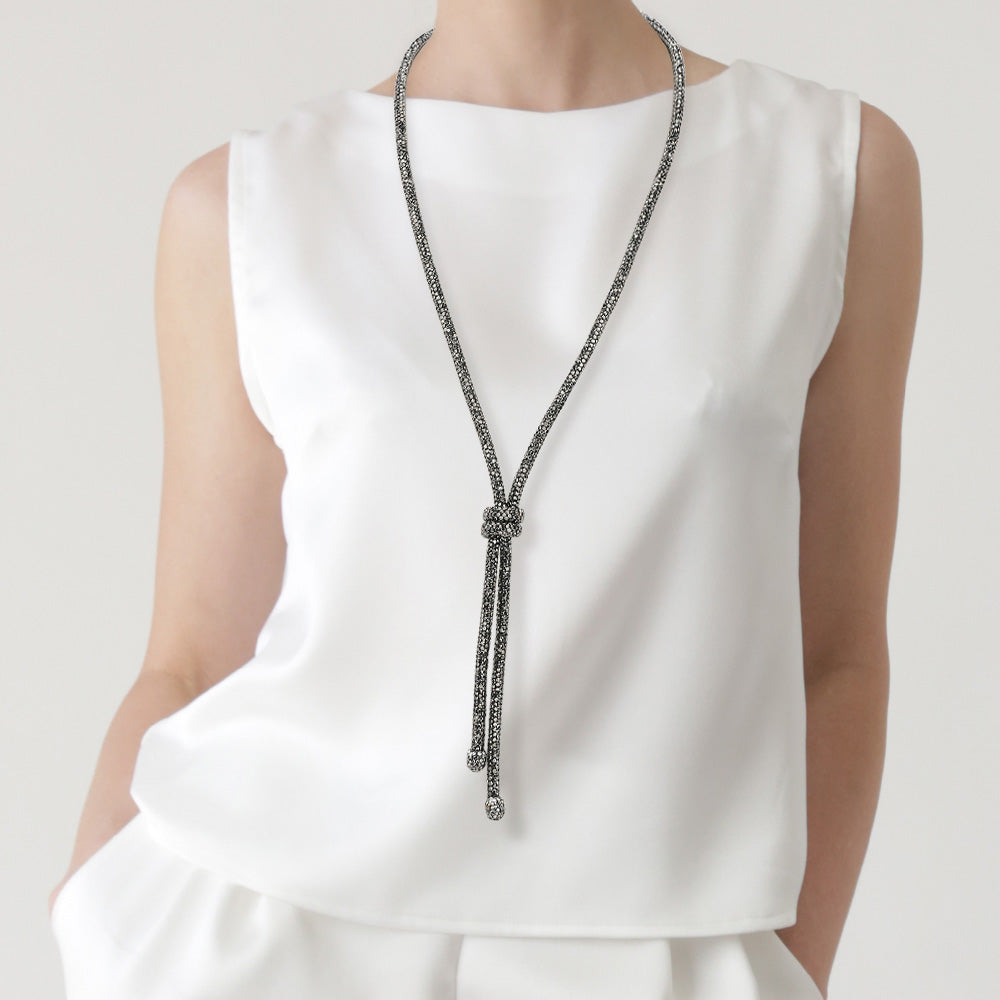 Bling Studded Knot Pointed Long Necklace in Hematite