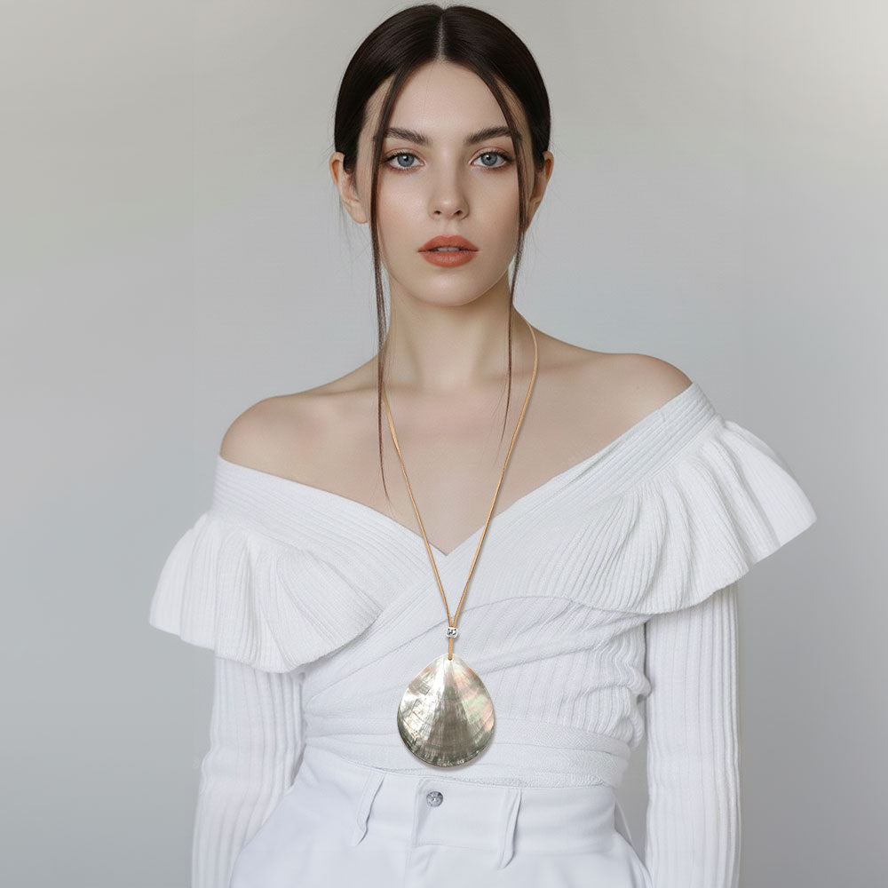 Abalone Teardrop Pendant Long Necklace in AB Abalone & Rhodium