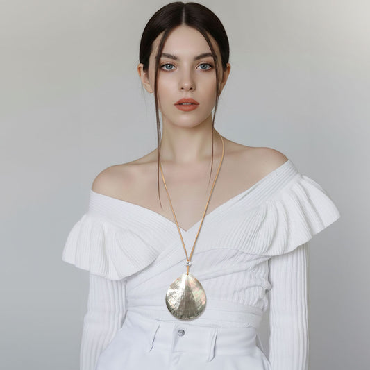 Abalone Teardrop Pendant Long Necklace in AB Abalone & Rhodium