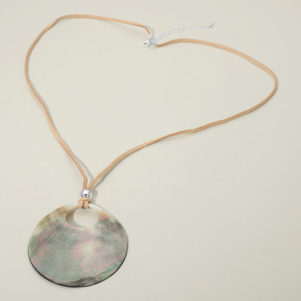Abalone Organic Disc Pendant Long Necklace in AB Abalone & Rhodium