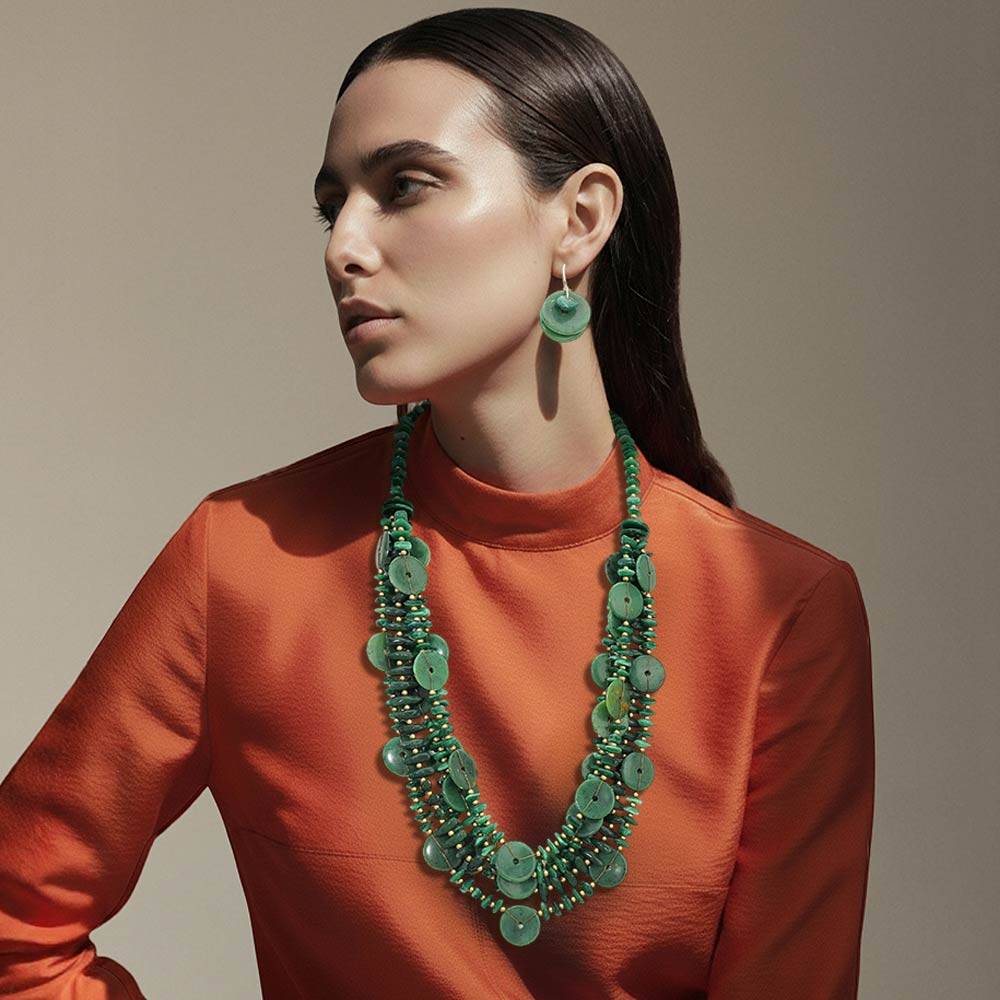 Resin Disc Charm Beaded Layered Statement Long Necklace in Green