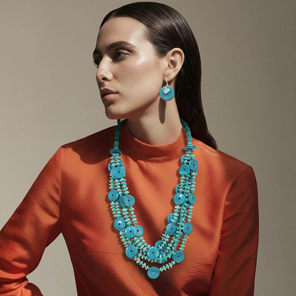 Resin Disc Charm Beaded Layered Statement Long Necklace in Turquoise