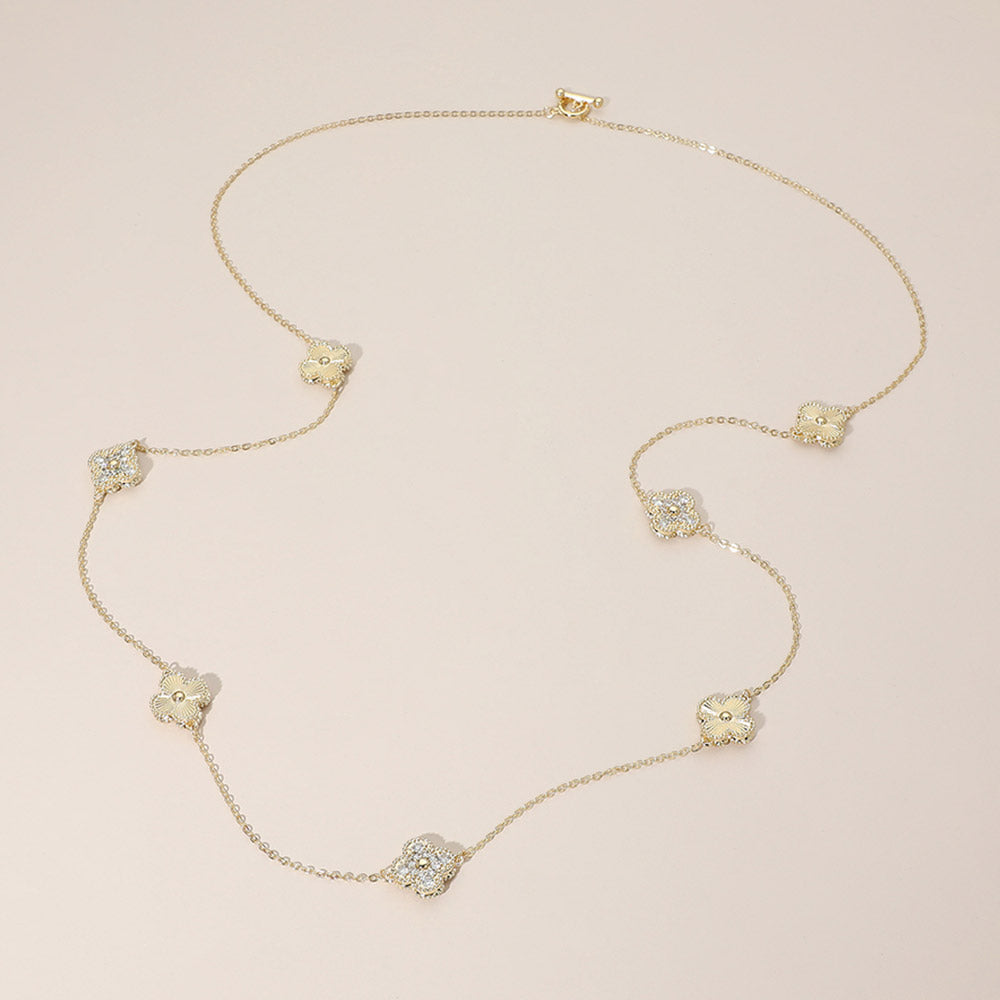 CZ Pave Quatrefoil Station Long Necklace in Gold