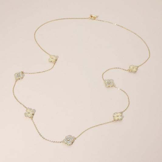 CZ Pave Quatrefoil Station Long Necklace in Gold