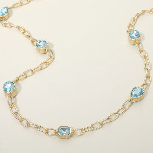 Elegant Faceted Square Teardrop Oval Emerald Stone Accent Long Necklace in Aqua