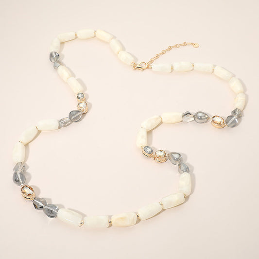 Chunky Oval Faceted Stone Marbled Pebble Beaded Long Necklace in Ivory