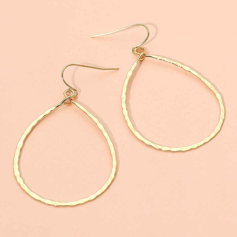 18K Gold Dipped Brass Metal Hammerd Open Teardrop Dangle Earrings