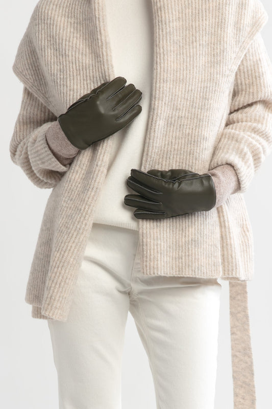 Long Rib Cuff Leather Gloves in Olive