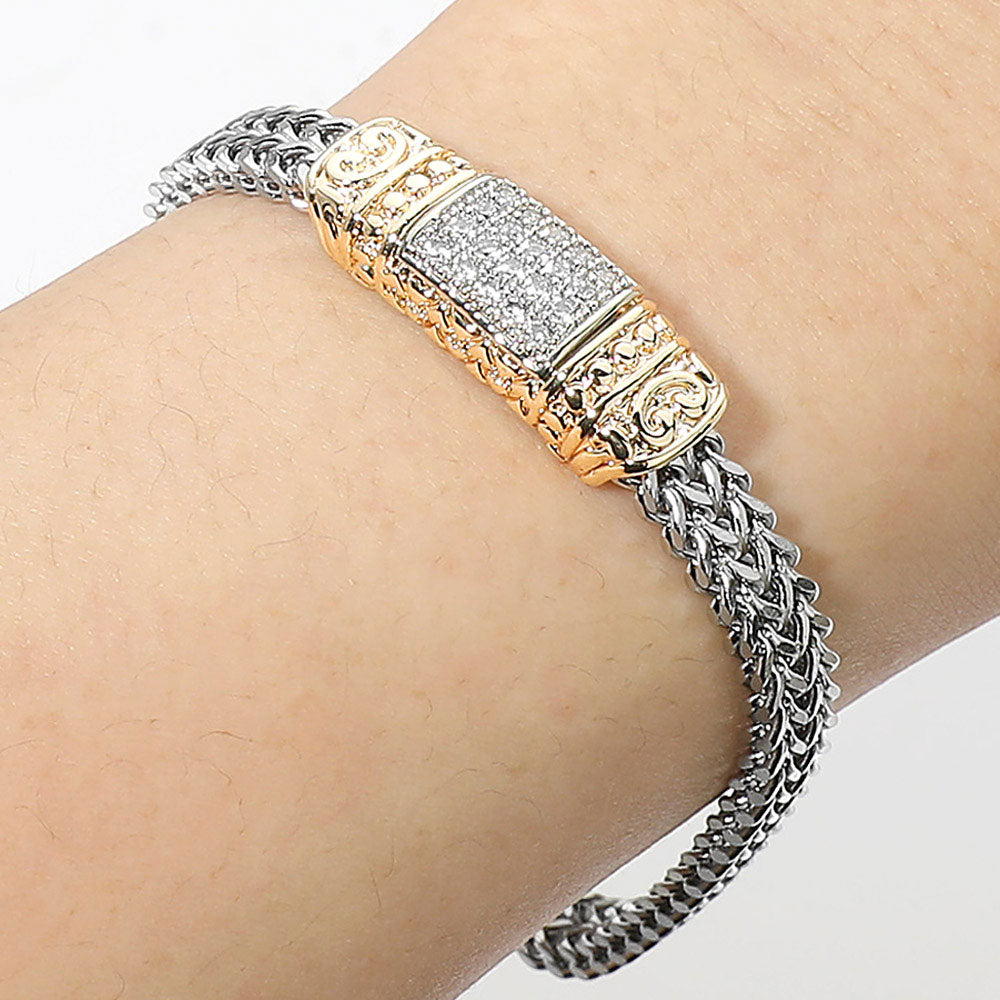 14K Gold Plated Two Tone CZ Pave Bar Accent Braided Chain Magnetic Bracelet in Two Tone