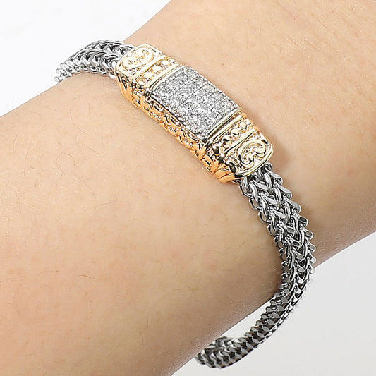 14K Gold Plated Two Tone CZ Pave Bar Accent Braided Chain Magnetic Bracelet in Two Tone