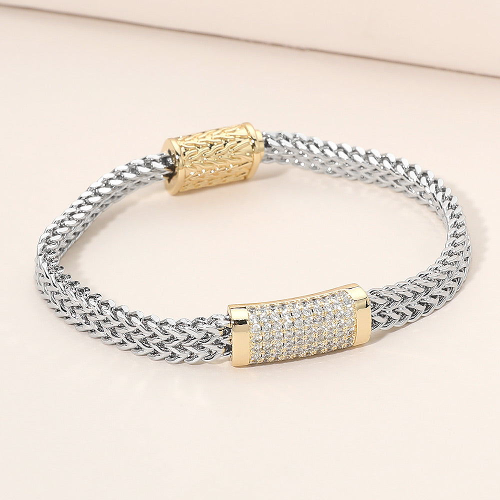 CZ Pave Bar Accent Textured Mesh Chain Magnetic Bracelet in Two Tone