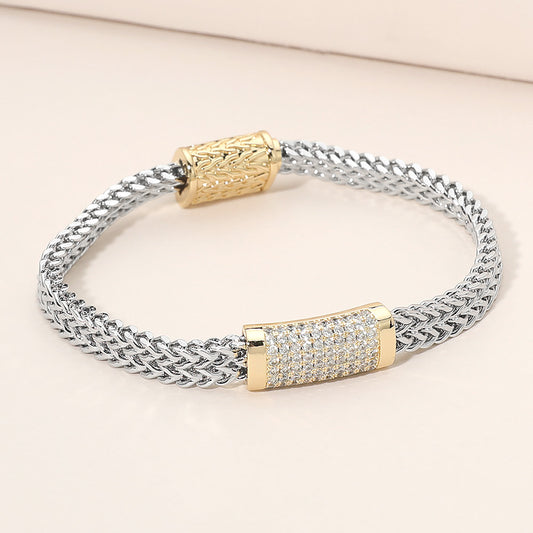 CZ Pave Bar Accent Textured Mesh Chain Magnetic Bracelet in Two Tone