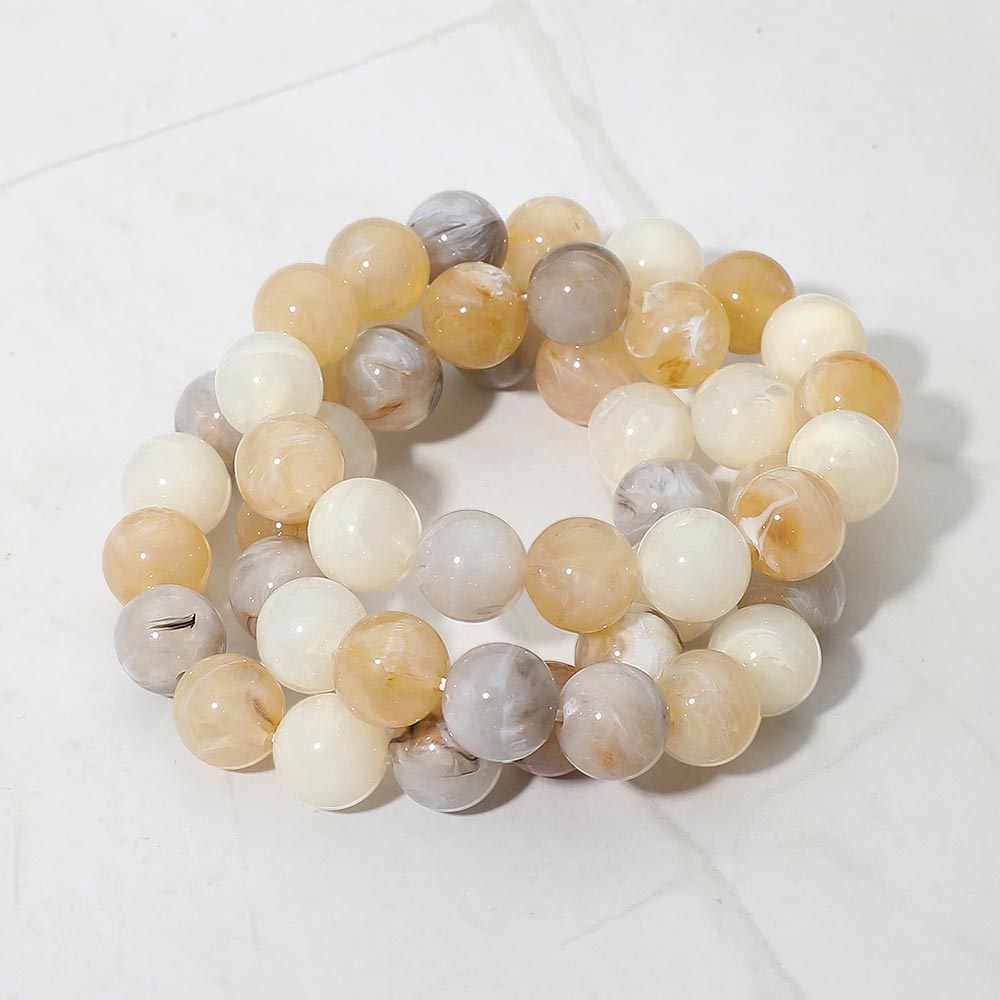 3PCS - Marbled Resin Ball Beaded Stretch Multi Layered Bracelets in Beige