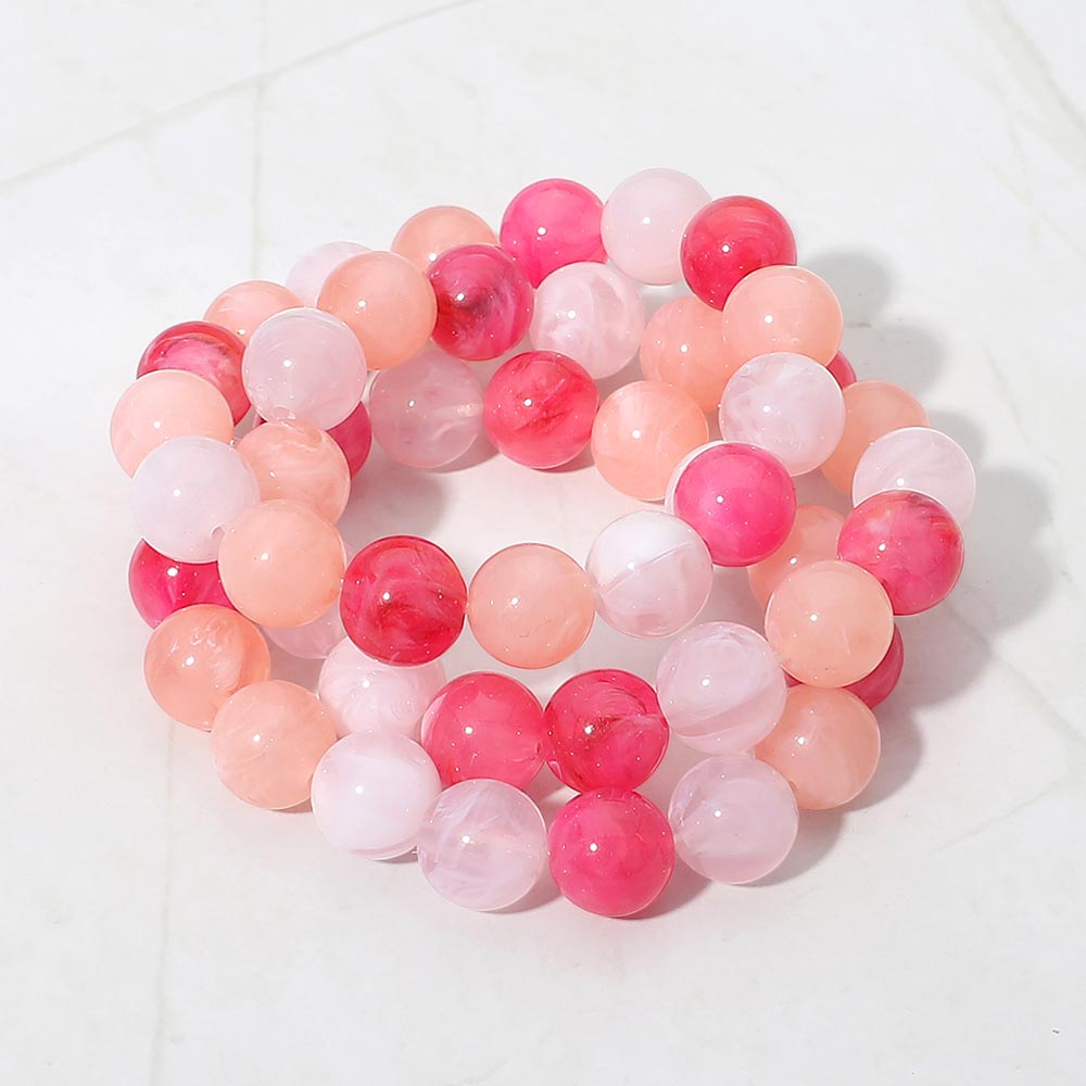3PCS - Marbled Resin Ball Beaded Stretch Multi Layered Bracelets in Multi & Pink