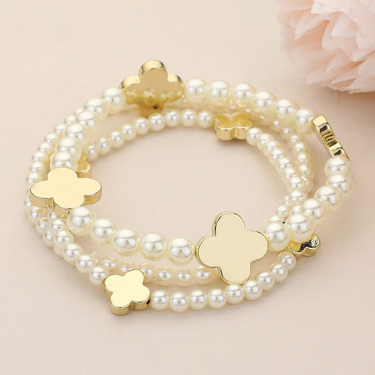 3PCS - Metal Quatrefoil Pearl Beaded Stretch Multi Layered Bracelets