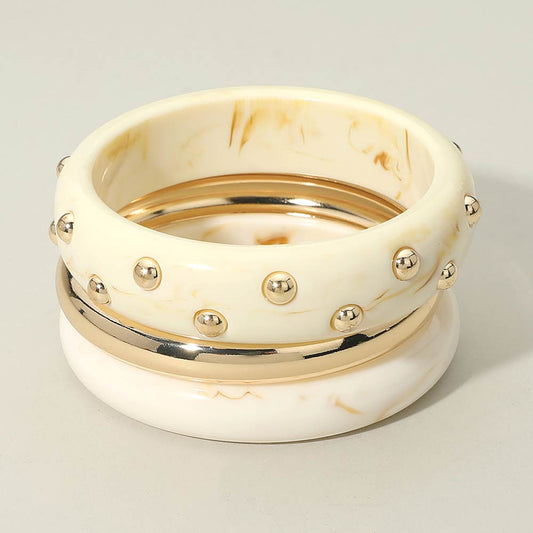 3PCS - Bold Studded Resin Metal Stackable Bangle Multi Layered Bracelets