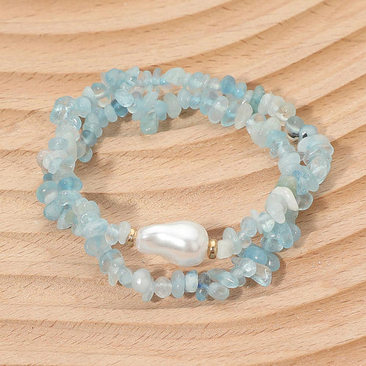 2PCS - Organic Shaped Pearl Accent Semi Precious Pebble Stone Beaded Stretch Multi Layered Bracelets