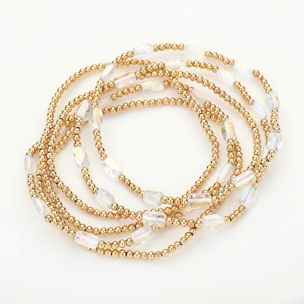 6PCS - Skinny Metal Ball Rectangle Faceted Beaded Stretch Multi Layered Bracelets