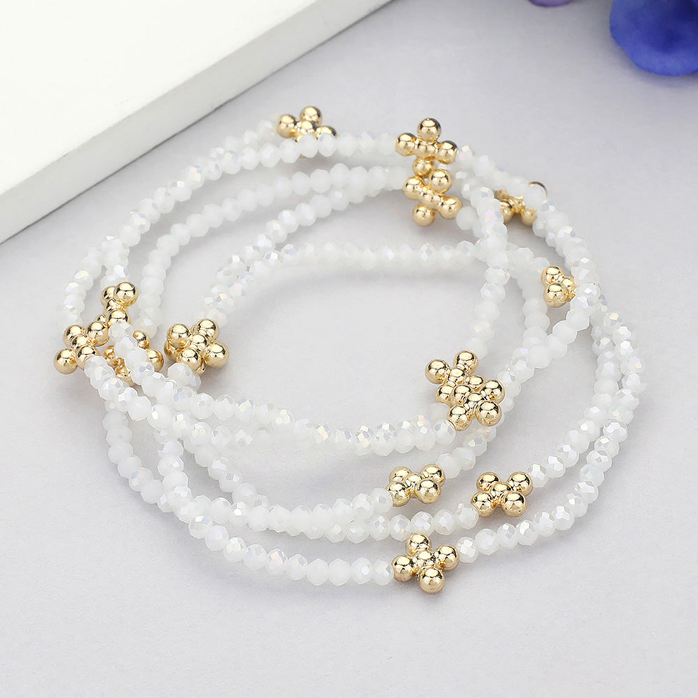 5PCS - Metal Bubble Flower Pointed Faceted Beaded Stretch Multi Layered Bracelets