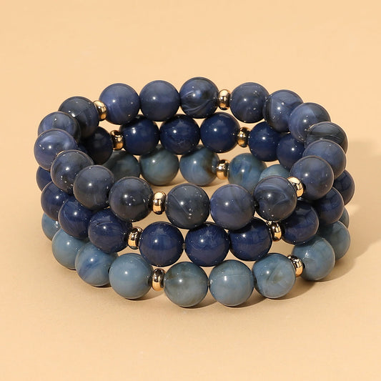 3PCS - Marbled Beaded Stretch Multi Layered Bracelets in  Gold, Multi & Navy