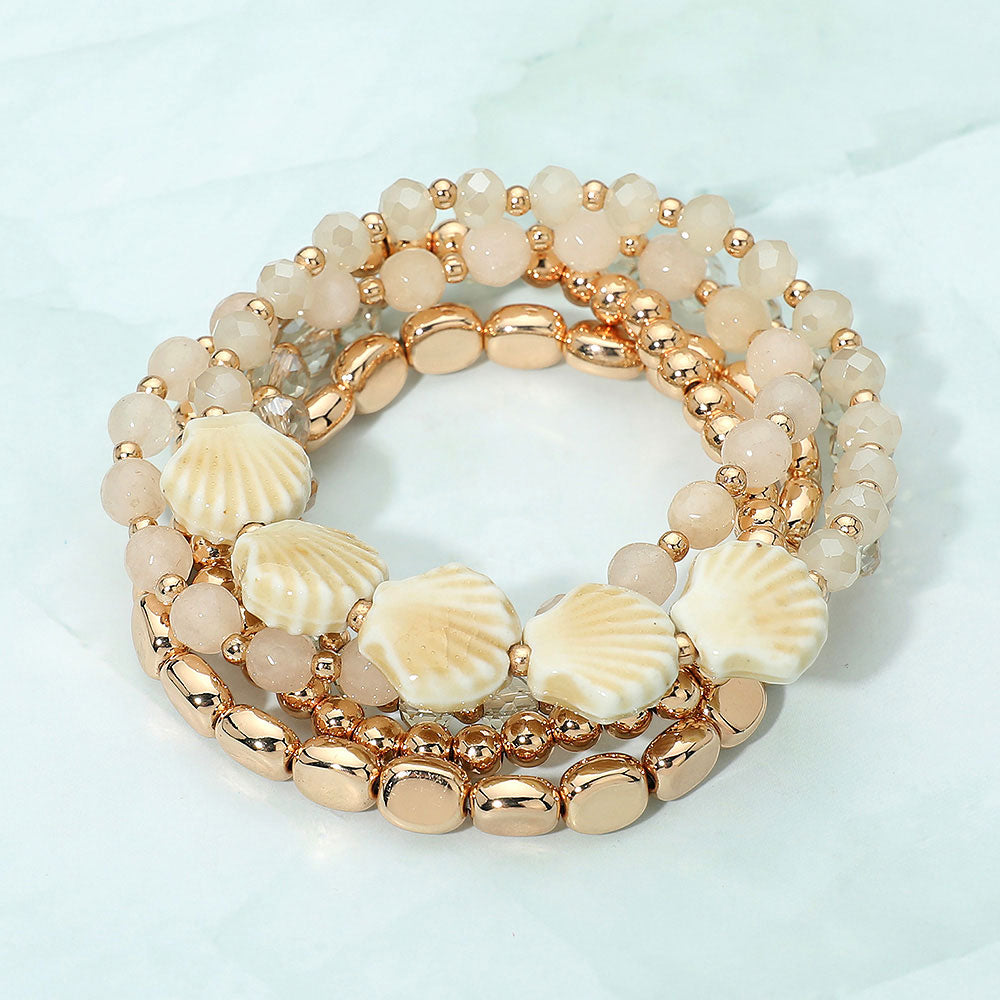 5PCS - Seashell Charm Beaded Stretch Multi Layered Bracelets in Neutral