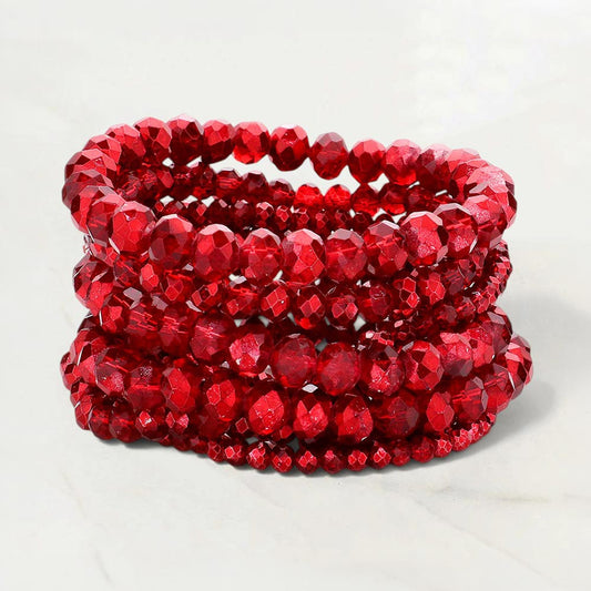 9PCS - Faceted Bead Stretch Bracelets in Red