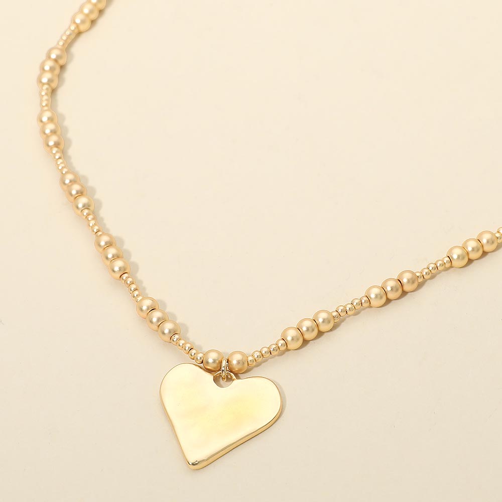 Brushed Hammered Metal Heart Pendant Beaded Chain Necklace in Gold