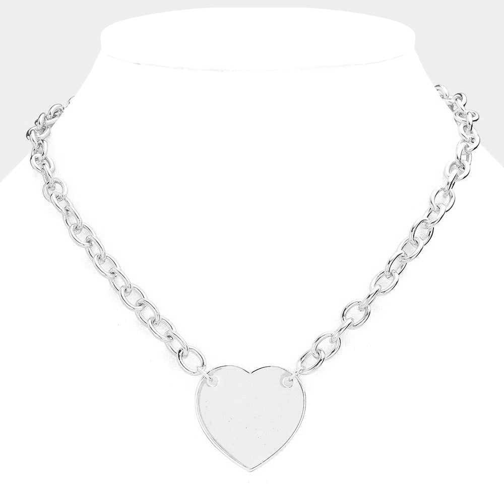 White Gold Dipped Brass Metal Heart Necklace