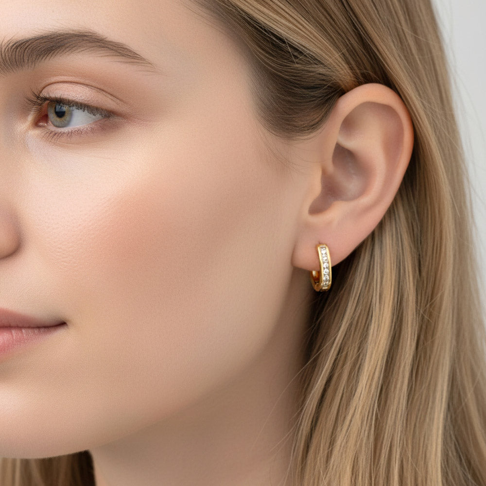 14K Gold Dipped CZ Inlay Rectangular Huggie Hoop Earrings