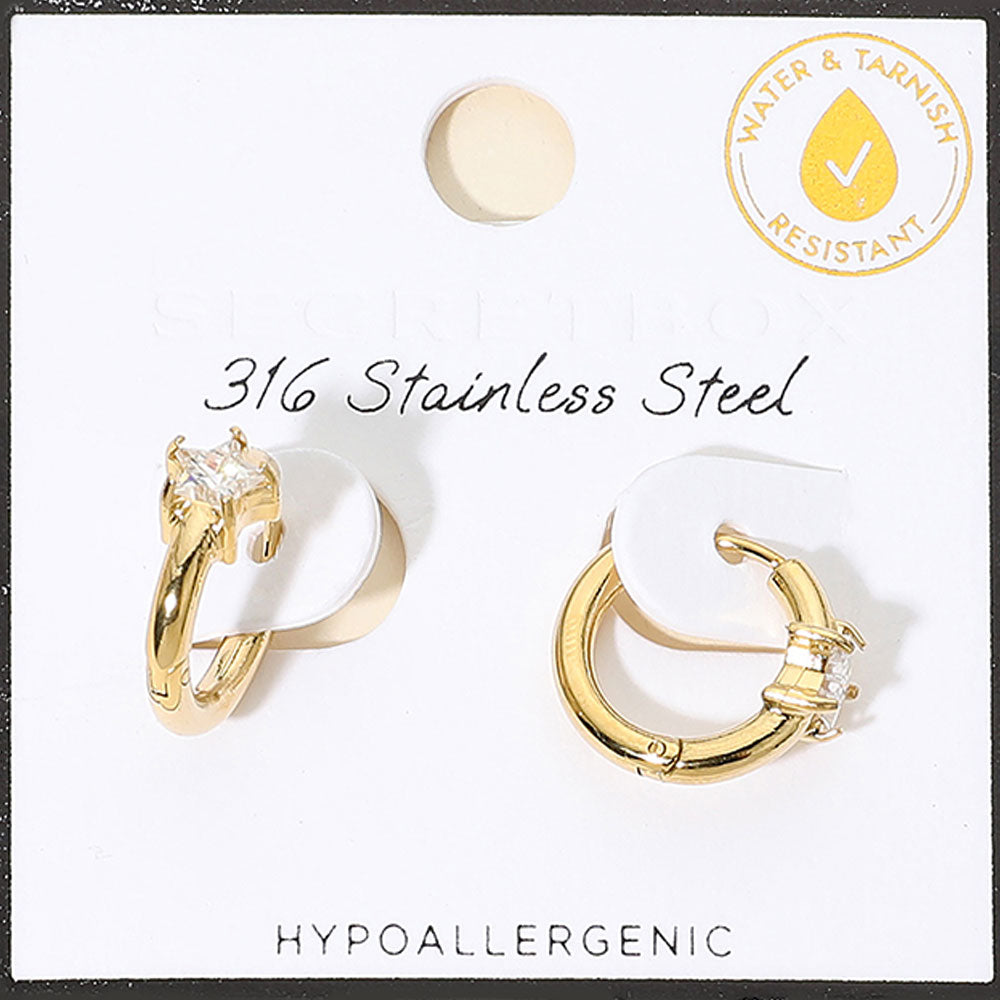 SECRET BOX_Stainless Steel Hypoallergenic Star Stone Accent Huggie Hoop Earrings