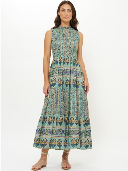 Sleeveless Smocked Maxi in Taj Aqua